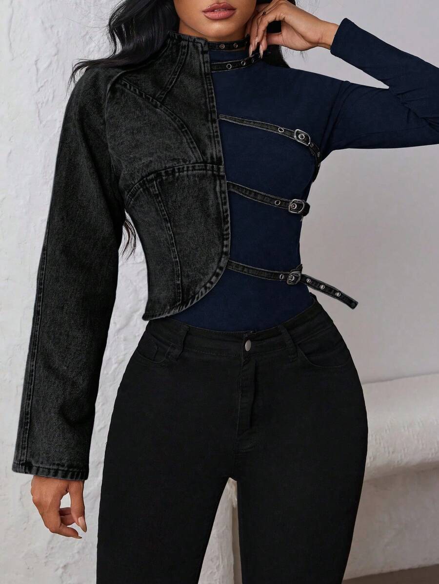 SHEIN Unity Sexy Distressed Denim Hollow-Out Fitted Jacket - Black - View 1