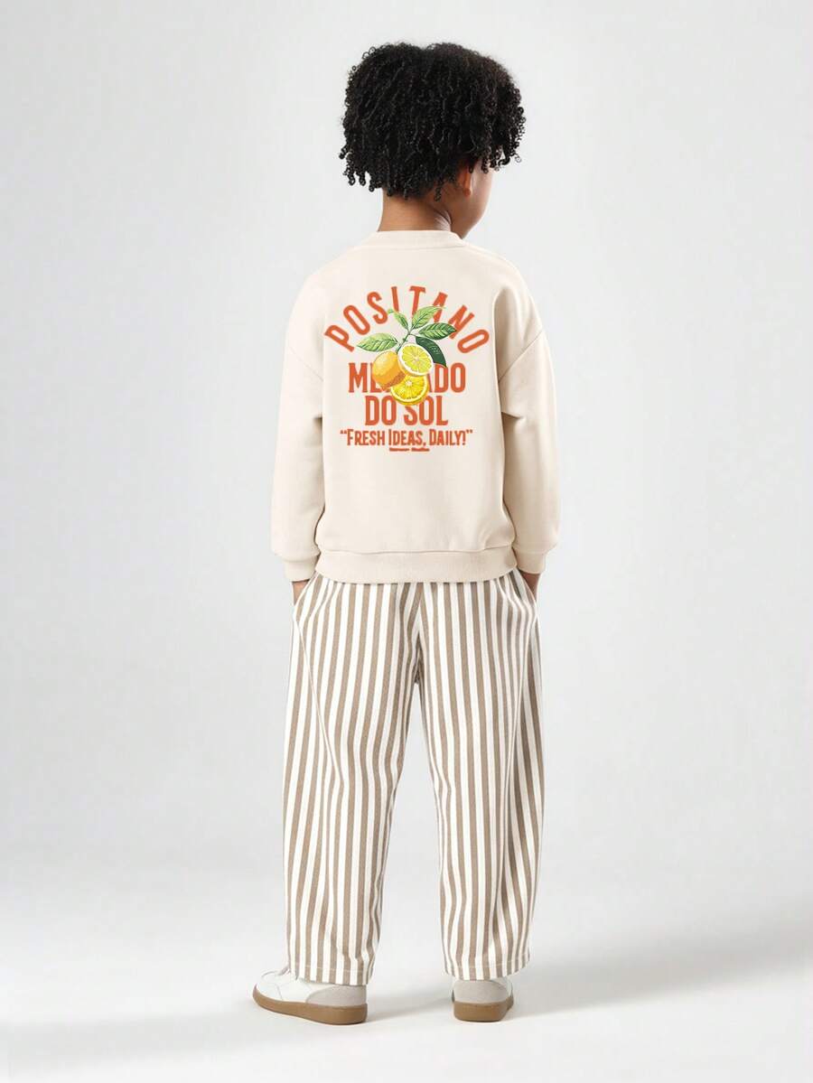 SUMWON 男童圆领卫衣和条纹裤套装，休闲日常舒适长袖上衣搭配宽松裤子，适合度假穿着。 - 米色 - 查看 1