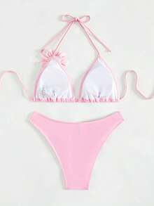 Swim Lushoire Summer Beach Women's Triangle Halter Bikini Set With 3d Flower Patched - Pink - View 2