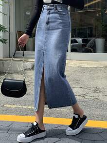 Dazy Tall 高个女式休闲牛仔半身裙，侧开衩设计，街头风 - 中等水洗藍 - 查看 8