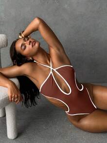 Aloruh 1pc Women's One-Piece Swimsuit, Color Block Design, Halter Neck, Hollow Out Bust And Waist, High Cut Leg - Brown - View 7