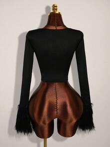Amplova Chaqueta ajustada con botones metálicos y flecos para otoño/invierno - Negro - Ver 3