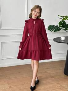 SHEIN Tween Girls Casual Collared Long Sleeve Sweatshirt Dress - Red - View 6