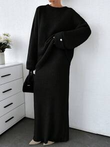 SHEIN Tall Tall Women Solid Color Chunky Sweater & Sweater Skirt Set - Black - View 1