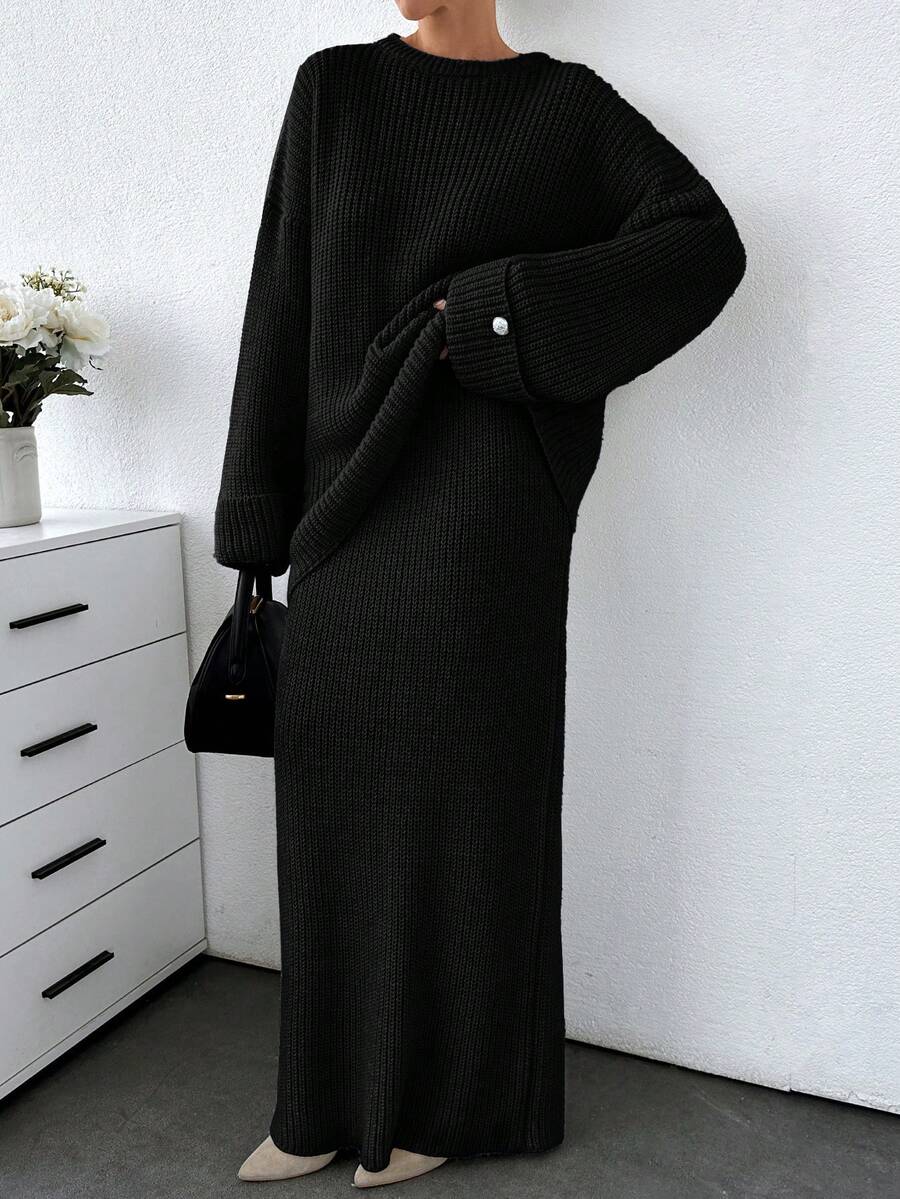 SHEIN Tall Tall Women Solid Color Chunky Sweater & Sweater Skirt Set - Black - View 1
