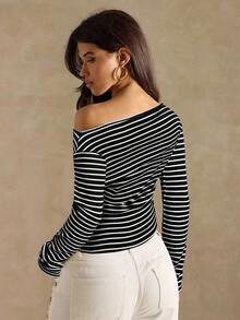 SHEIN BAE 女式休闲通勤不对称领条纹T恤，秋季 - 黑色 - 查看 2