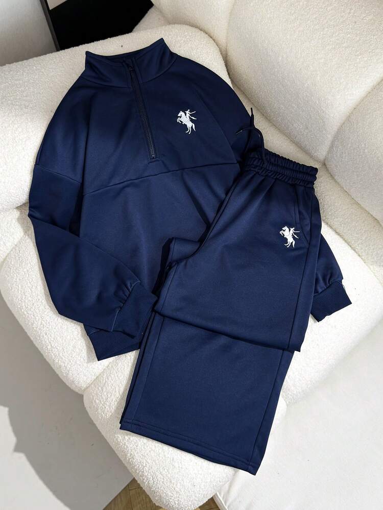 SHEIN 2 peças/Conjunto Roupa Casual Feminina, Moletom Gola Alta com Zíper de Manga Longa Ajuste Relaxado e Calça Perna Larga Solta, Conjunto de Calça Esportiva para Uso Diário e Exercícios - Azul marinho - Visão 3