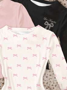 SHEIN 3 件套 Tween 女童修身休闲简约蝴蝶结装饰圆领长袖短款 T 恤，奶油白、奶油粉、深黑色，适合秋冬季 - 彩色 - 查看 5