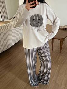 DAZY Graphic Print Loose Top And Striped Pants Women Sleepwear Pajama Set, Winter Clothes - Khaki - View 5