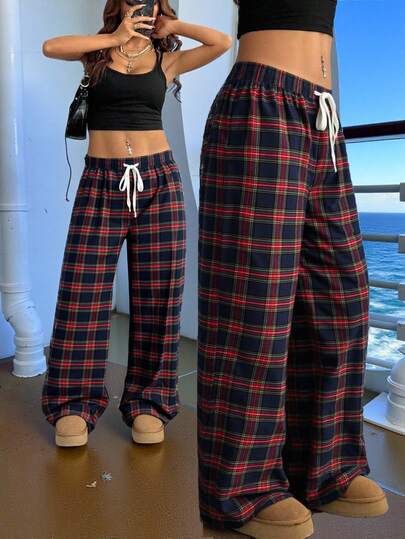 Veykashi Pantaloni casual a quadri con coulisse in vita, taglie comode