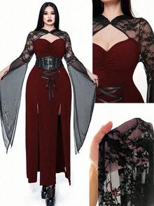 SHEIN Whyspr Plus Size Women's Contrast Lace Flare Sleeve Double Slit Hem Dark Goth Style Dress - Burgundy - View 1