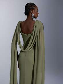 Elitara Elegant Formal Dinner Wedding Guest Olive Green Autumn Evening Party Prom Bridesmaid Maxi Dress Chiffon Draped Neck Rhinestone Fish Tail - Olive Green - View 4