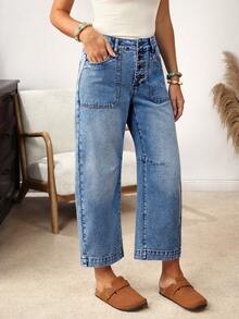 EMERY ROSE 女式蓝色休闲宽松牛仔裤（配腰带环） - 藍色 - 查看 6