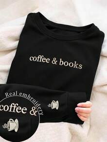 INAWLY Women's Letter Embroidered Crew Neck Loose Fit Casual Sweatshirt - Black - View 1