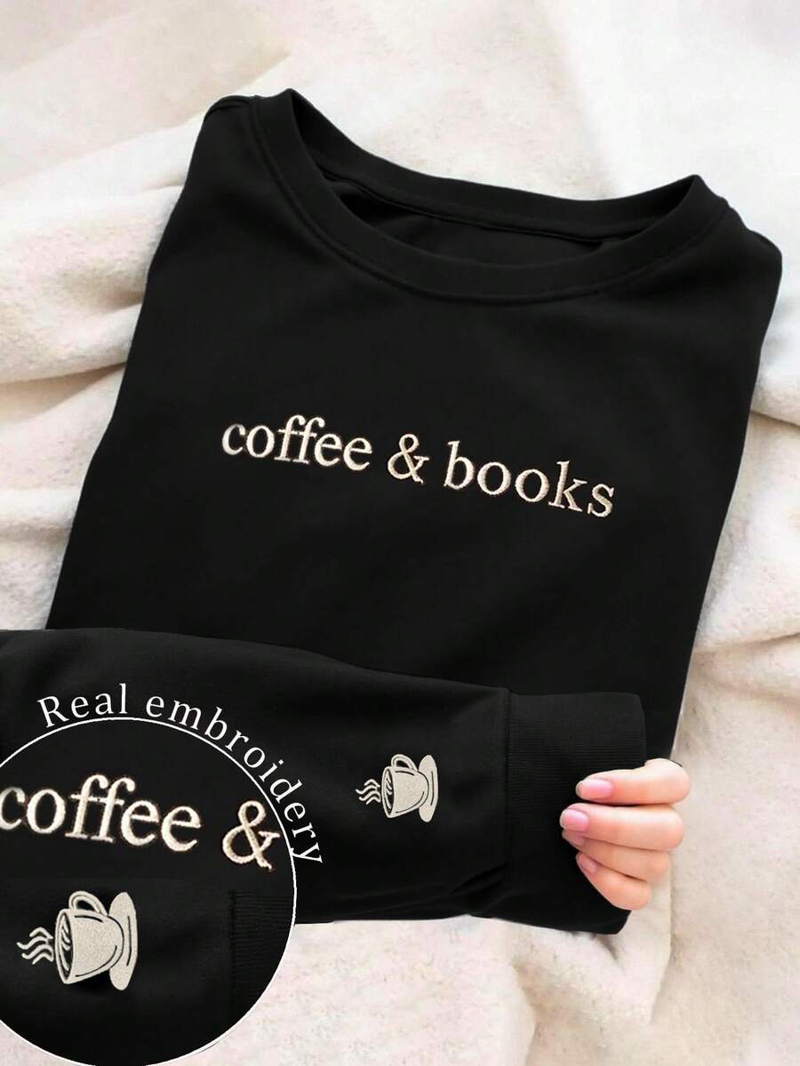 INAWLY Women's Letter Embroidered Crew Neck Loose Fit Casual Sweatshirt - Black - View 1
