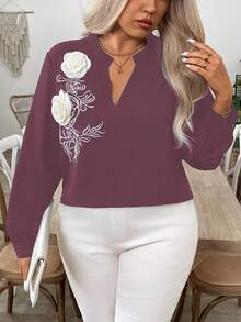 SHEIN Clasi Áo cánh thanh lịch thêu hoa 3D đính đá màu đen cỡ lớn cho nữ - Bụi tím - Xem 7