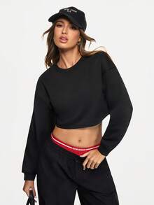 Eassivo Damen Einfarbiger Rundhals Drop-Shoulder Langarm Crop Sweatshirt