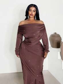 Maweii Plus Size Elegant Fitted Oblique Shoulder Long Sleeve Versatile Dress - Coffee Brown - View 2