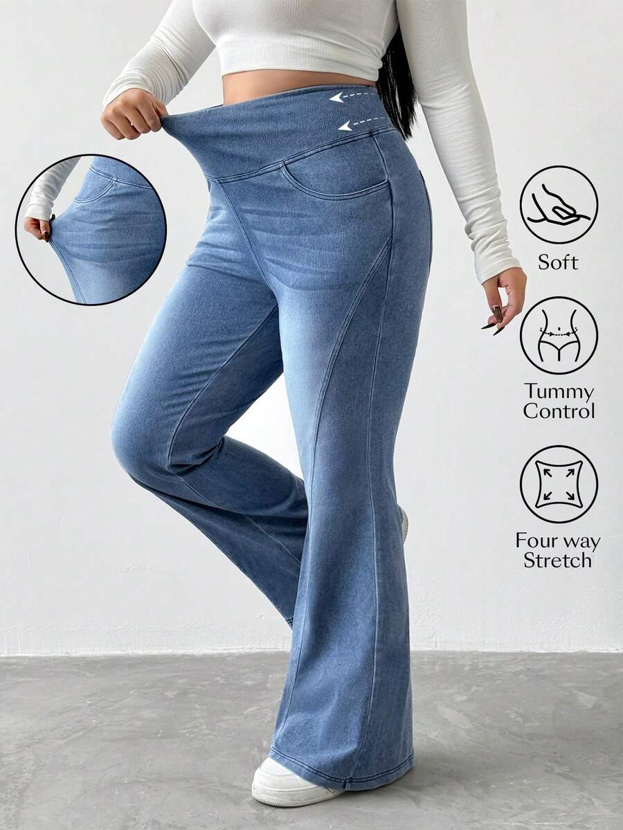 Flexra 大码女式时尚休闲水洗针织喇叭裤 - 淺色水洗藍 - 查看 1