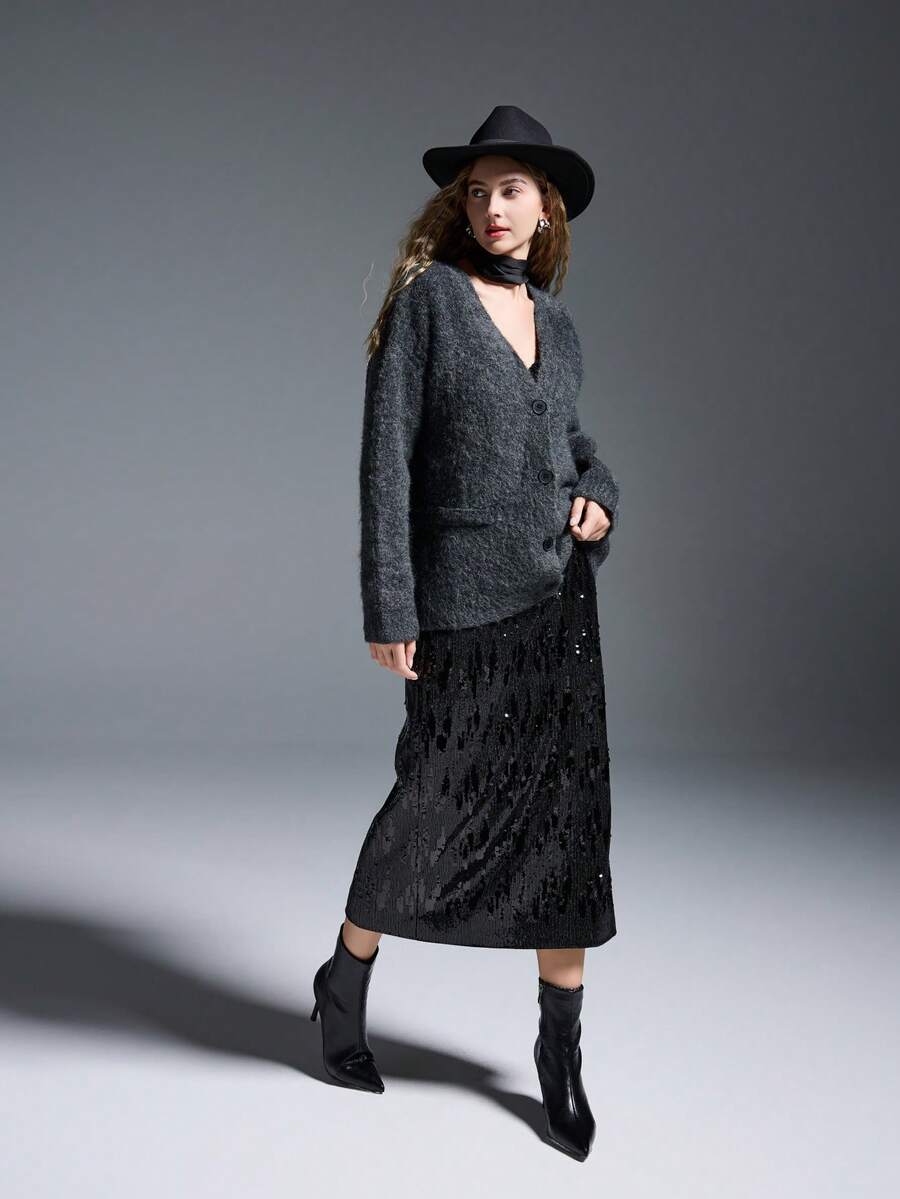 INAWLY Áo khoác len cardigan Niche Fleece cao cấp mới về cho nữ - Màu xám đen - Xem 1