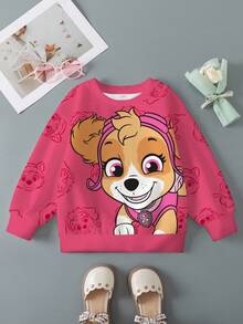 SHEIN | PAW Patrol 年轻女孩可爱卡通狗印花保暖内衬套头衫，休闲日常通勤，秋冬 - 白色 - 查看 1