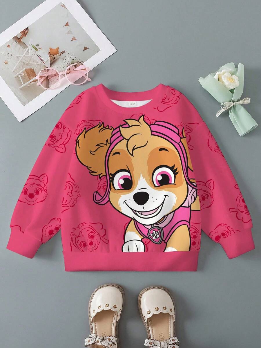 SHEIN | PAW Patrol 年轻女孩可爱卡通狗印花保暖内衬套头衫，休闲日常通勤，秋冬 - 白色 - 查看 1