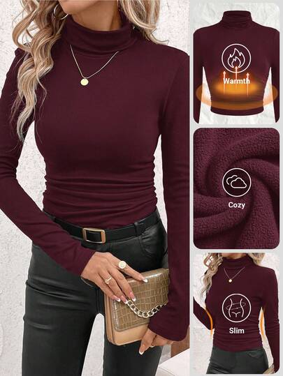 SHEIN Clasi Women's Stand Collar Gathered Waist Fleece Warm T-Shirt,Red Top,Christmas,Red Tops For Women