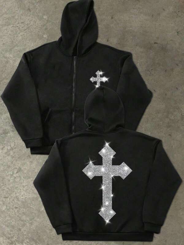 Manfinity EMRG Men's Plus Size Glitter Cross 3D Embossed Black Long-Sleeve Hoodie Gothic Christian Style, Fleece-Lined Fabric, For Autumn & Winter