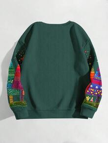 EMERY ROSE Sudadera retro artística con estampado navideño colorido, sudadera con capucha de cuello redondo de manga larga y casual para mujer, adecuada para el uso diario en otoño/invierno