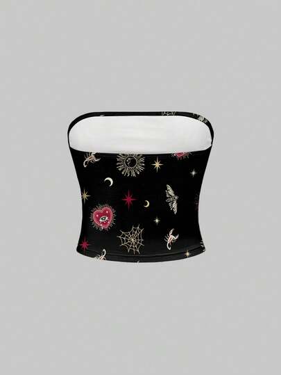 Goth Top court imprimé gothique, mystérieux, avec croix, soleil et lune. Noir et blanc pour femmes