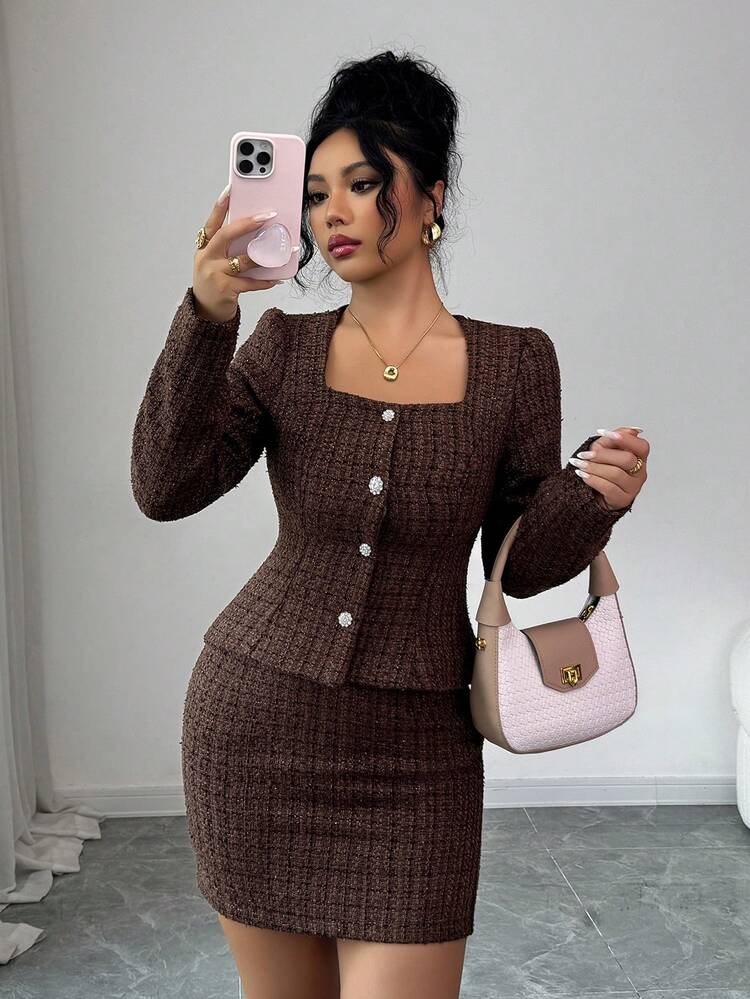 Women's Waist Cinching Square Neck Cardigan And Super Skirt Elegant 2 Pieces Set
