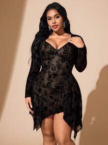 Hourglow Christmas Plus Size Women Fashionable Sexy Asymmetrical Hem Sweetheart Neck Dress, For Hourglass Body Shape