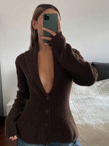 DAZY 休闲商务针织开衫，时尚休闲，秋冬 - 咖啡棕 - 查看 4