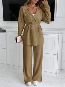 EURMUSE Handmade Stitch Embroidery Sweater And Pant Knit Set - Camel - View 4