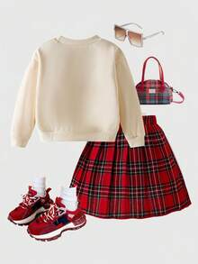 女童长袖蝴蝶结格子百褶裙卫衣套装，圣诞节，秋冬 - 杏色 - 查看 2