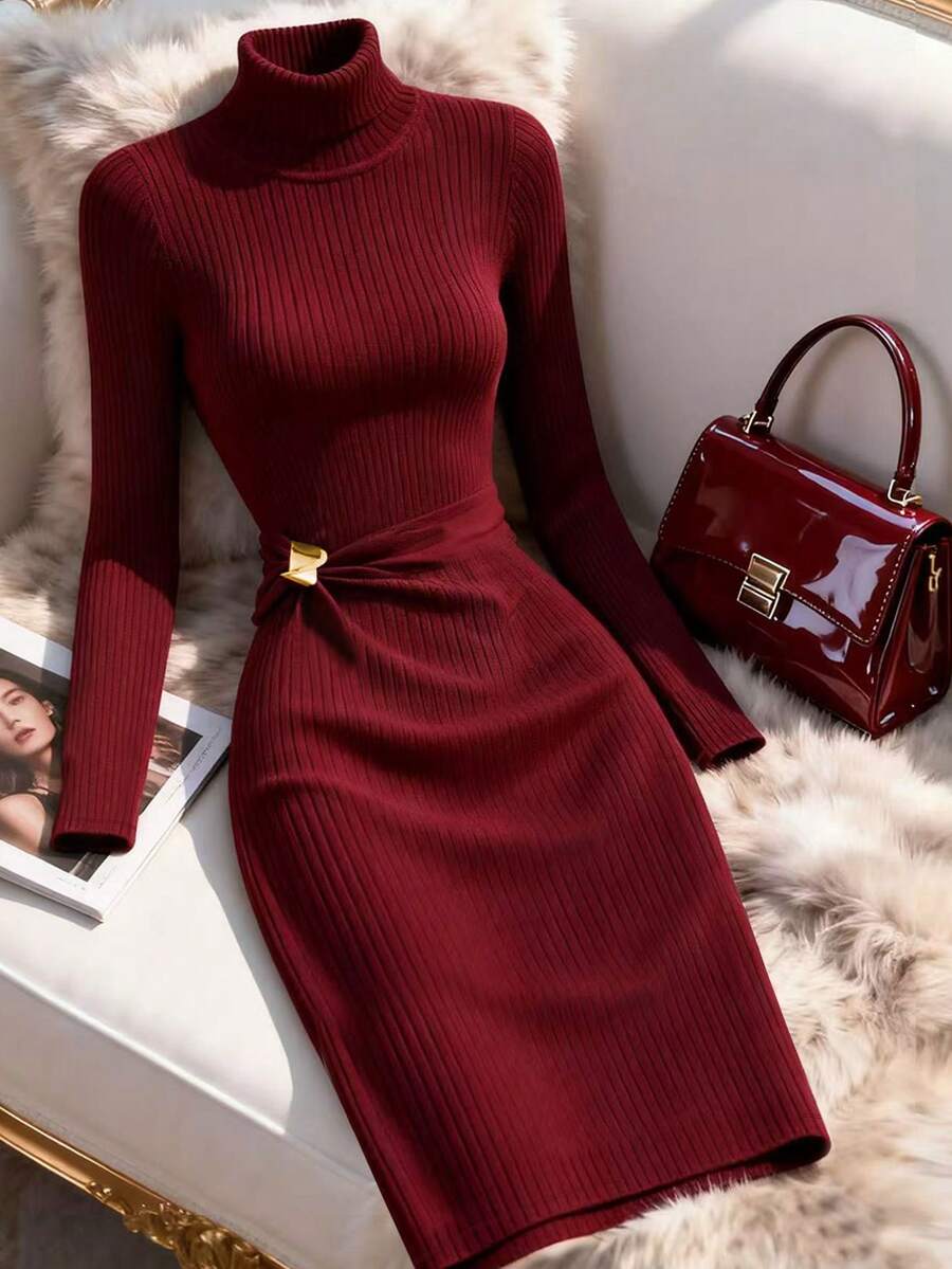 Franclia 优雅高领长袖针织连衣裙，秋冬