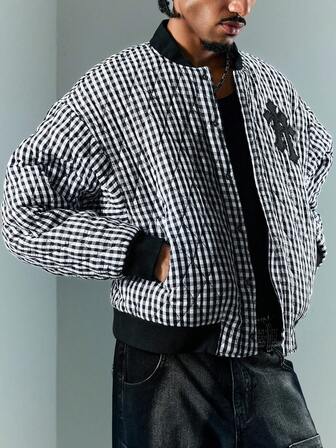 Prep Men's Autumn/Winter Warm Plaid Cross Embroidered Quilted Padded Coat