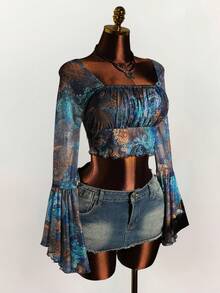 Amplova Vintage Graphic Print Low-Cut Waist Flared Sleeve Plus Size Women Top - Multicolor - View 3