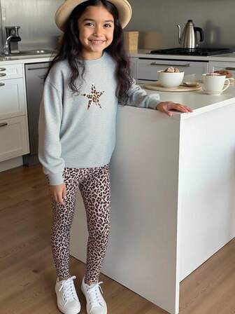 Elladie kids 2 st/set flickor koreansk stil avslappnad grå tröja med bandrosé och smala byxor