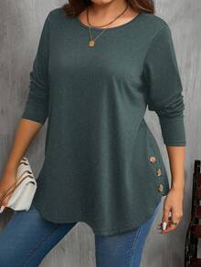 SHEIN Clasi Plus Size Women's Casual Solid Color Basic Round Neck Long Sleeve T-Shirt - Dark Green - View 3