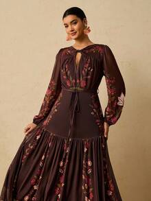 Travachic Plus Size Elegant Printed Knit Double Layer Long Sleeve Dress, Suitable For Party And Holiday - Black - View 6