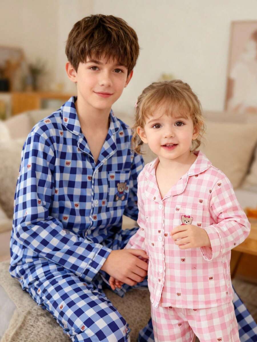 2件套男童休闲格子熊印花长袖上衣和裤子睡衣套装 - 藍色 - 查看 1