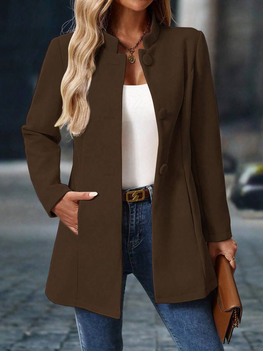 EMERY ROSE 女士休闲立领中长款厚外套，长袖，秋冬 - 咖啡棕 - 查看 1