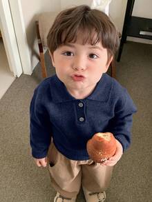 DAZY 幼儿男童休闲纯色翻领长袖毛衣，春秋季 - 藏蓝色 - 查看 6