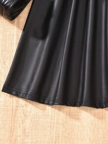 SHEIN Sparklyn Tween Girl 黑色罗纹保暖舒适 Polo 领 T 恤，PU 皮革优雅通勤连衣裙，配腰带 - 黑色 - 查看 6