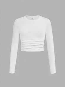 SHEIN Girlism 2pcs Tween Girl Ribbed Ruched Long Sleeve T-Shirt And Cargo Pants Casual Set - Pink - View 9