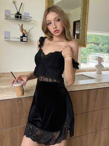 女士性感天鹅绒蕾丝拼布睡袍 - 黑色 - 查看 1