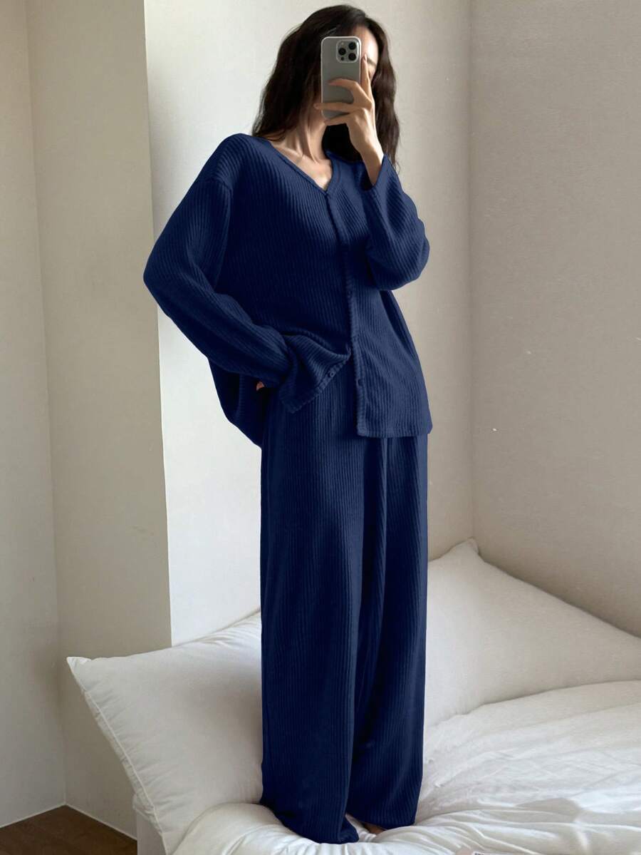 DAZY 2pcs Women Casual Striped Textured Fleece Top & Pants Pajama Set, Autumn/Winter, Cozy Clothes - Navy Blue - View 1