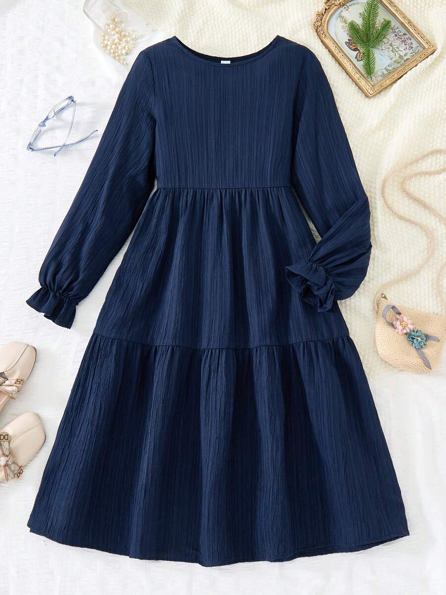 SHEIN Teen Girl Woven Loose Fit Casual Round Neck Dress, Navy Blue - Navy Blue - View 1