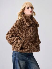 ROMWE EDITION Chaqueta de manga larga holgada con estampado de leopardo y piel sintética para mujer - Café integral - Ver 8